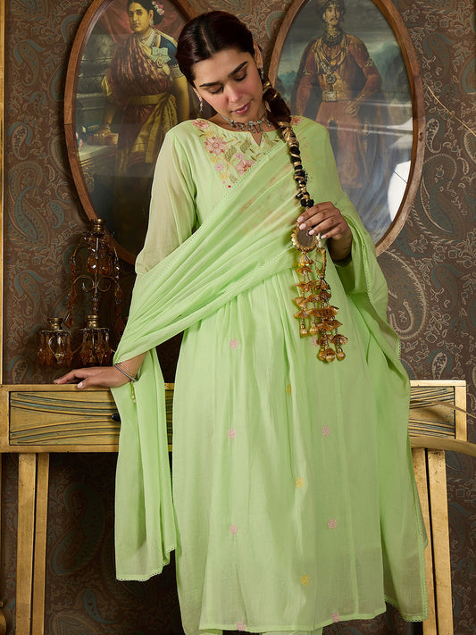 Indo Era Green Embroidered A-Line Kurta Trousers With Dupatta set
