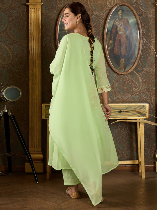 Indo Era Green Embroidered A-Line Kurta Trousers With Dupatta set