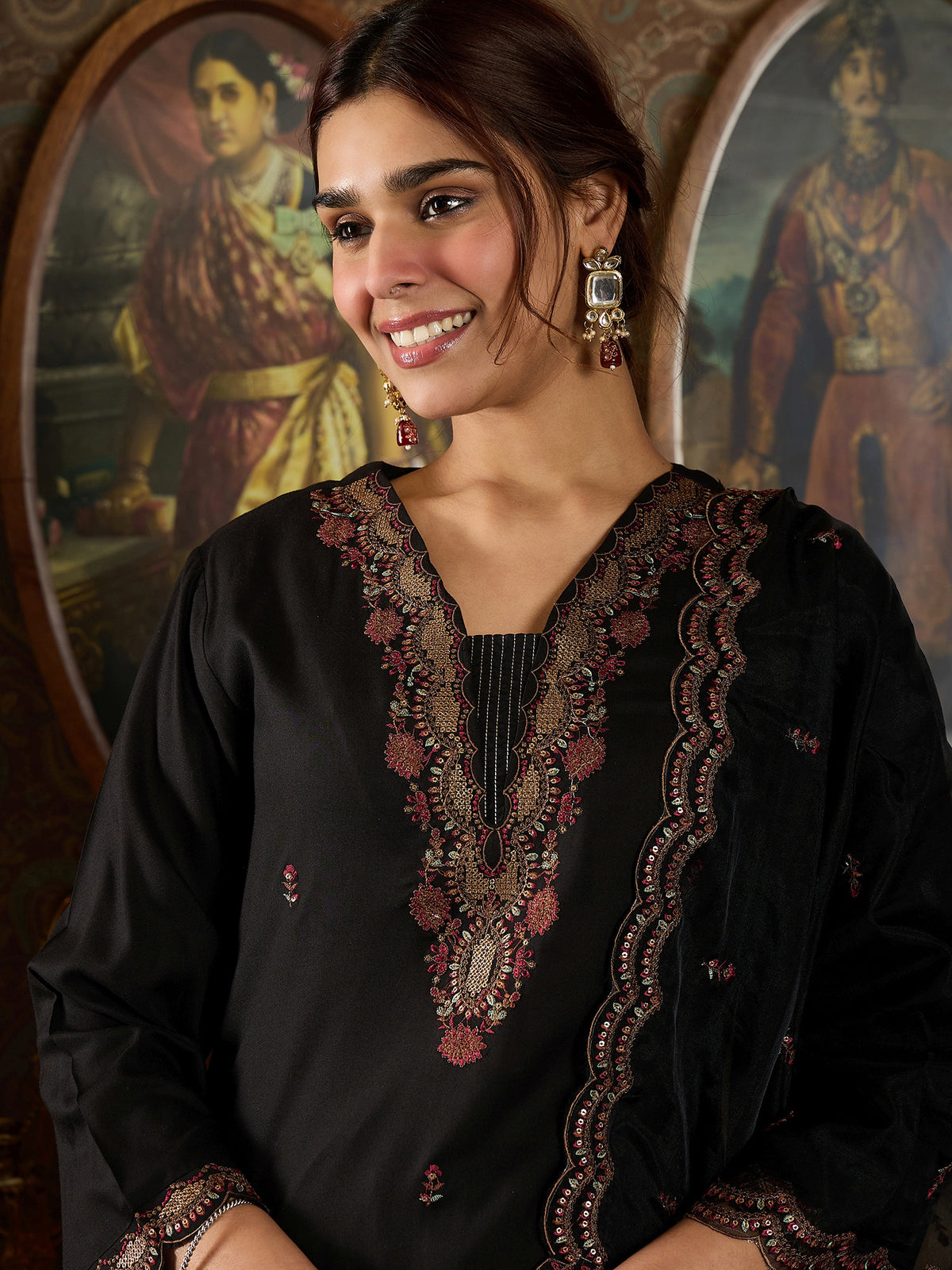 Indo Era Black Embroidered Straight Kurta With Dupatta Set