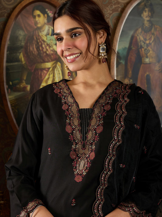 Indo Era Black Embroidered Straight Kurta With Dupatta Set