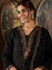 Indo Era Black Embroidered Straight Kurta With Dupatta Set