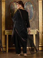 Indo Era Black Embroidered Straight Kurta With Dupatta Set