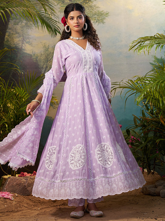 Indo Era Lavender Embroidered Anarkali Kurta Trousers With Dupatta Set