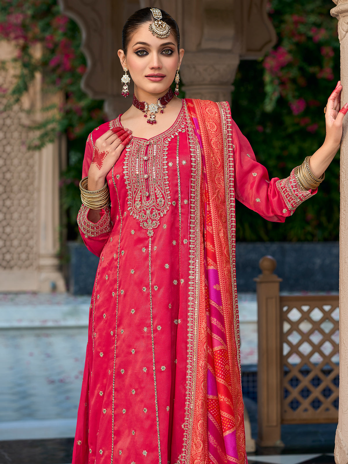 Red Embroidered Anarkali Kurta Trousers With Dupatta Set