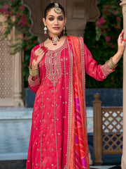 Red Embroidered Anarkali Kurta Trousers With Dupatta Set
