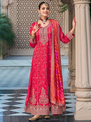 Red Embroidered Anarkali Kurta Trousers With Dupatta Set