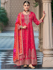 Red Embroidered Anarkali Kurta Trousers With Dupatta Set