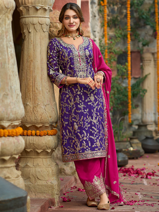 Indo Era Purple Embroidered Straight Kurta Trousers With Dupatta Set