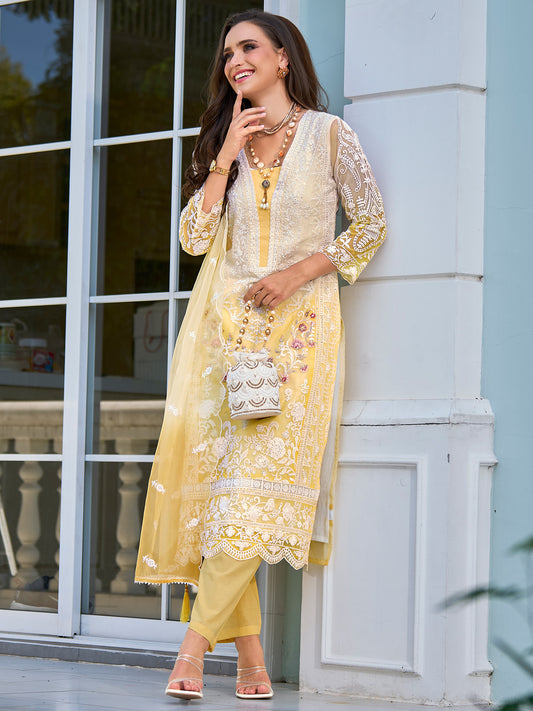 Indo Era Yellow Embroidered Straight Kurta Trousers With Dupatta Set