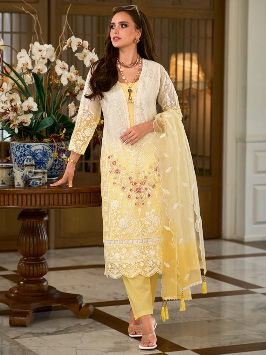 Indo Era Yellow Embroidered Straight Kurta Trousers With Dupatta Set