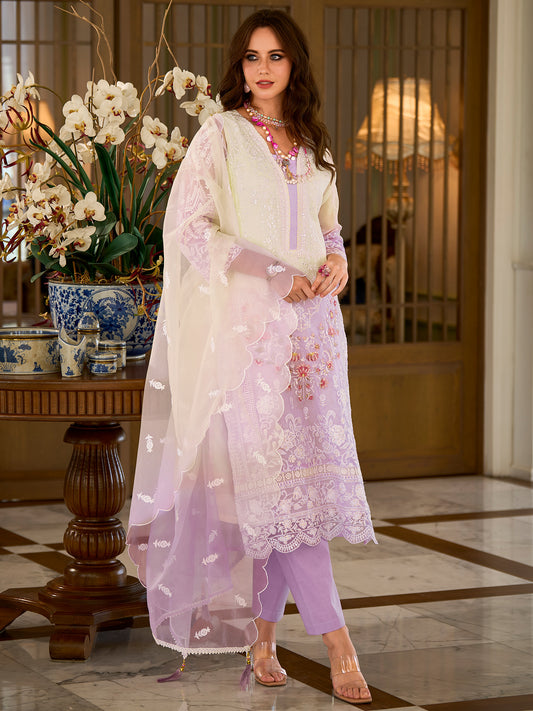 Indo Era Lavender Embroidered Straight Kurta Trousers With Dupatta Set