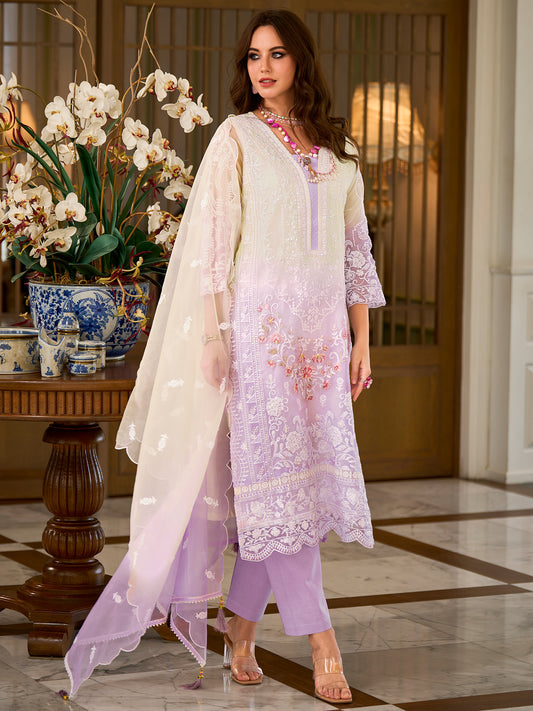 Indo Era Lavender Embroidered Straight Kurta Trousers With Dupatta Set