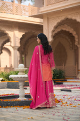 Pink Embroidered Straight Kurta Palazzos With Dupatta Set