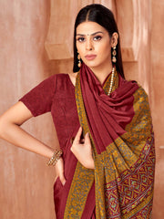 ساري نسائي مطبوع عليه صورة خردلي من الكريب مع قطعة بلوزة