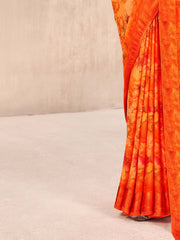 Women's Chiffon Orange Printed Designer Saree With Blouse Piece