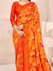 Women's Chiffon Orange Printed Designer Saree With Blouse Piece