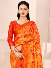 Women's Chiffon Orange Printed Designer Saree With Blouse Piece