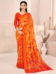 Women's Chiffon Orange Printed Designer Saree With Blouse Piece