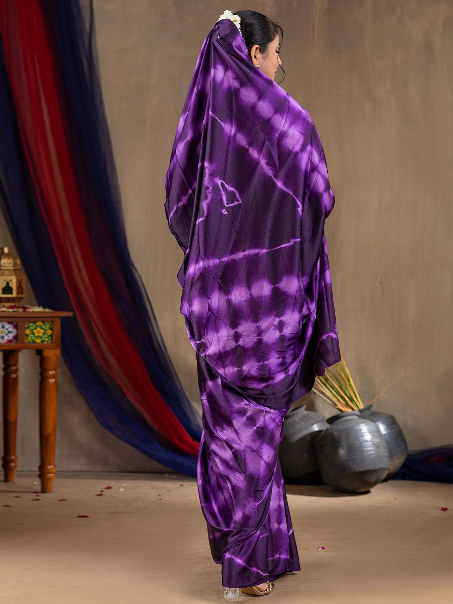Women's Satin Silk Purple Printed Designer Saree With Blouse Piece