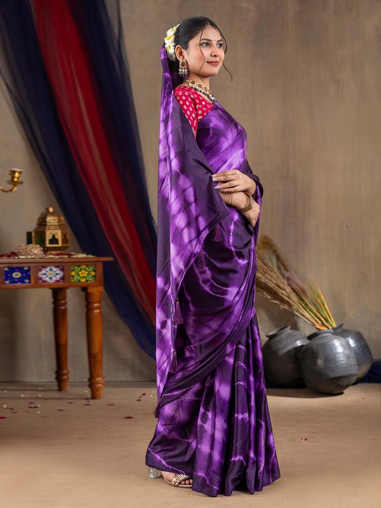 Women's Satin Silk Purple Printed Designer Saree With Blouse Piece