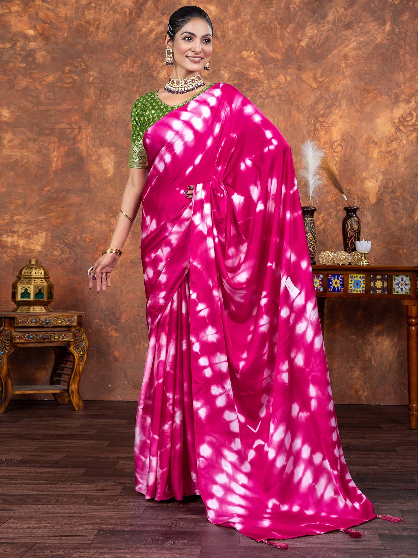 Women's Satin Silk Green Printed Designer Saree With Blouse Piece