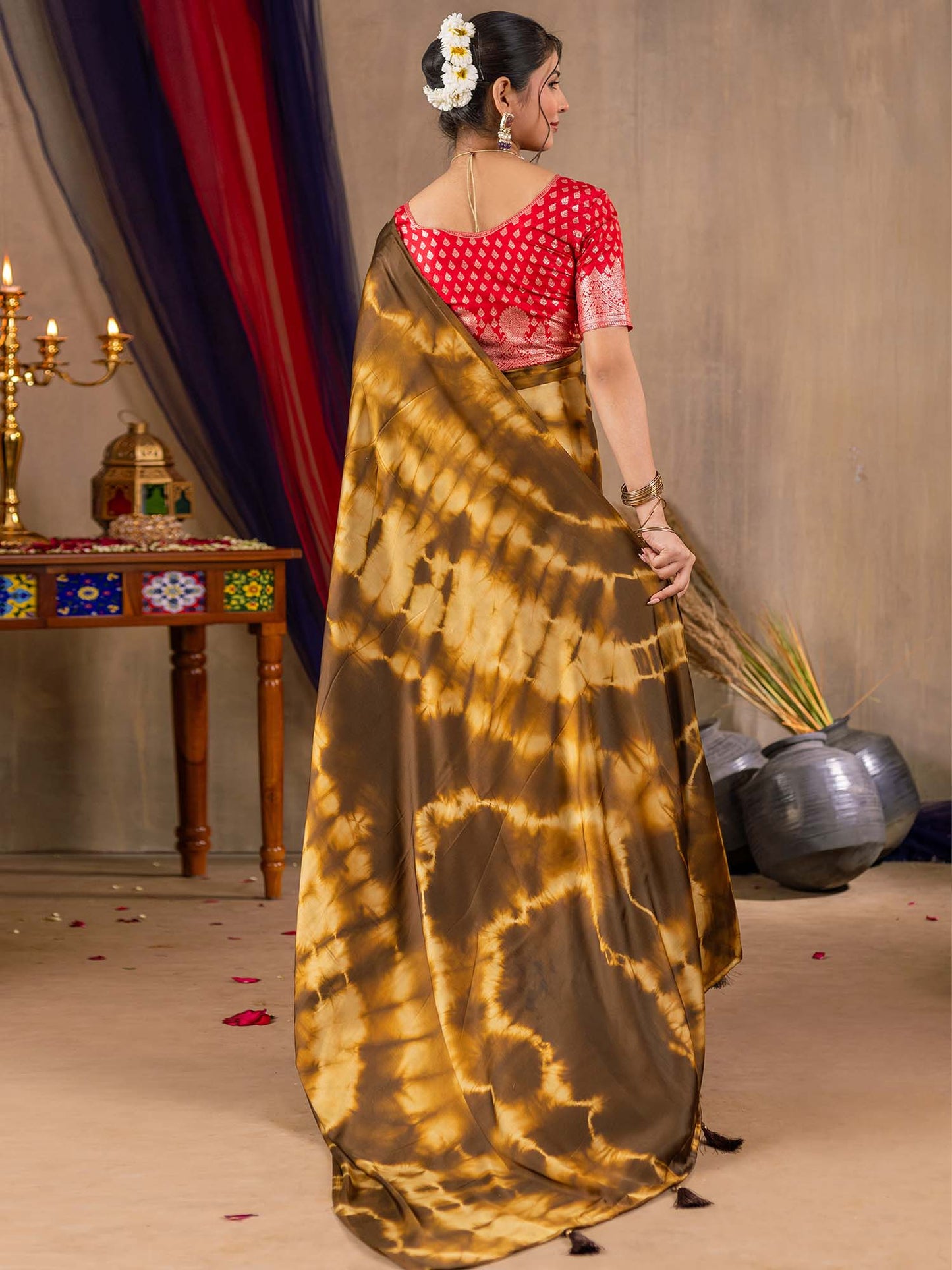 Women's Satin Silk Brown Printed Designer Saree With Blouse Piece