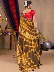 Women's Satin Silk Brown Printed Designer Saree With Blouse Piece