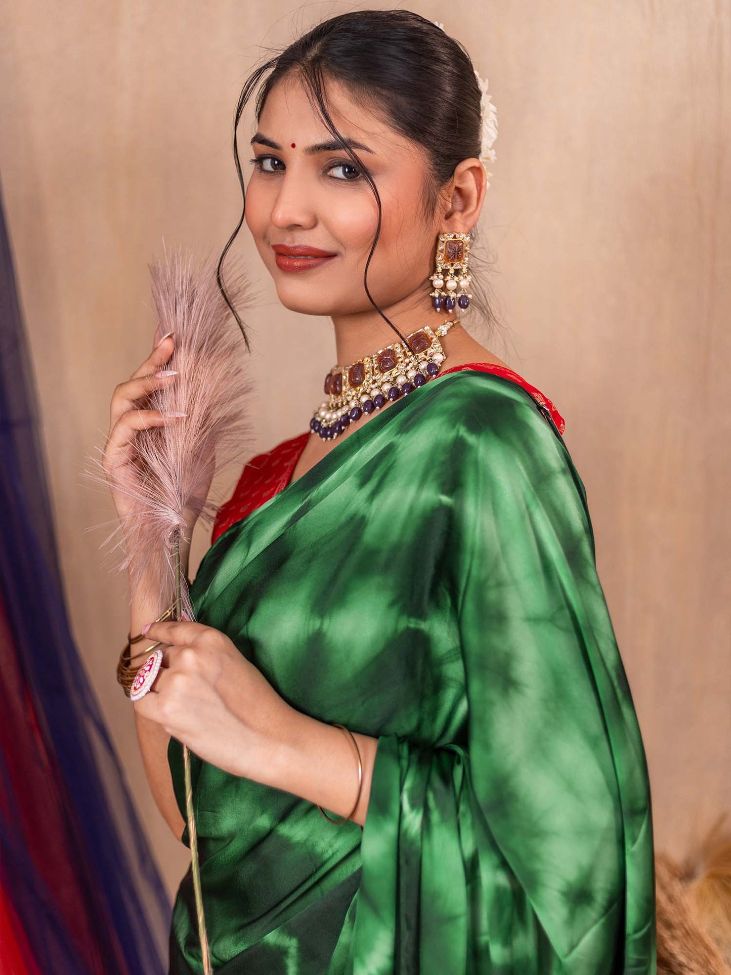 Women's Satin Silk Green Printed Designer Saree With Blouse Piece
