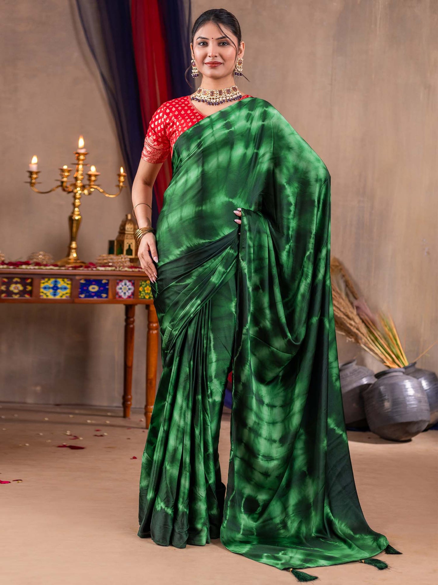 Women's Satin Silk Green Printed Designer Saree With Blouse Piece