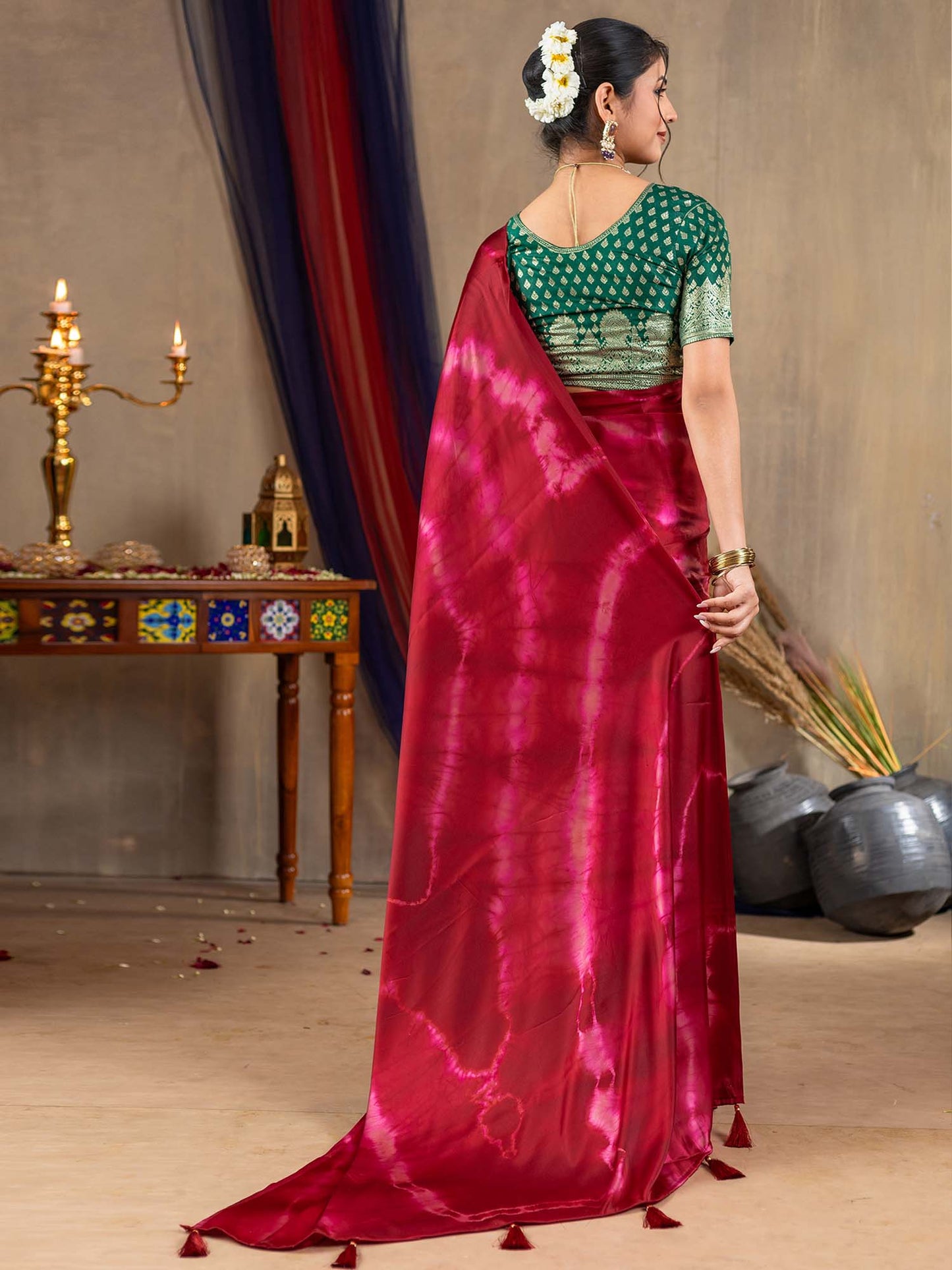 Women's Satin Silk Magenta Printed Designer Saree With Blouse Piece