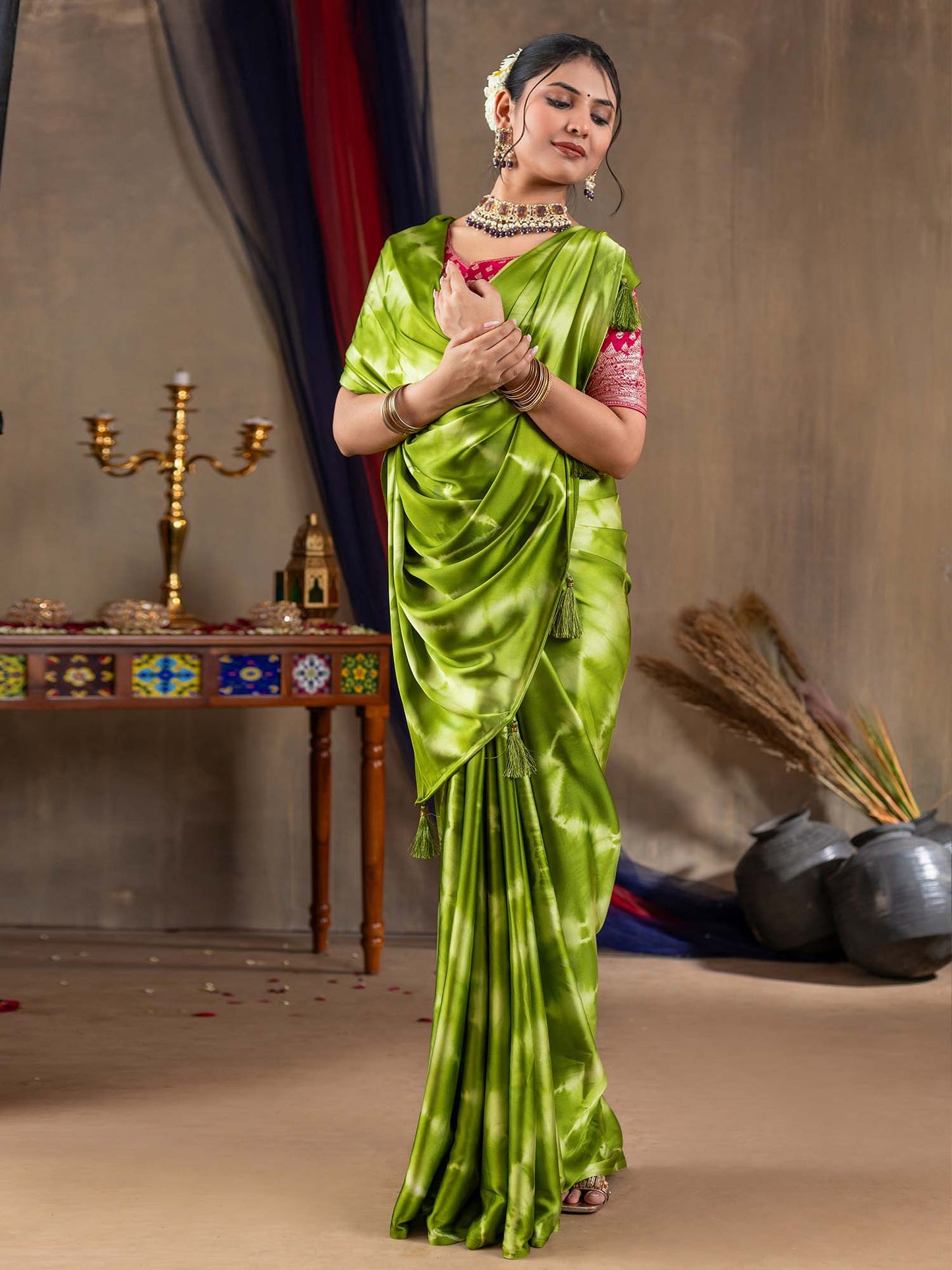 Women's Satin Silk Light Green Printed Designer Saree With Blouse Piece