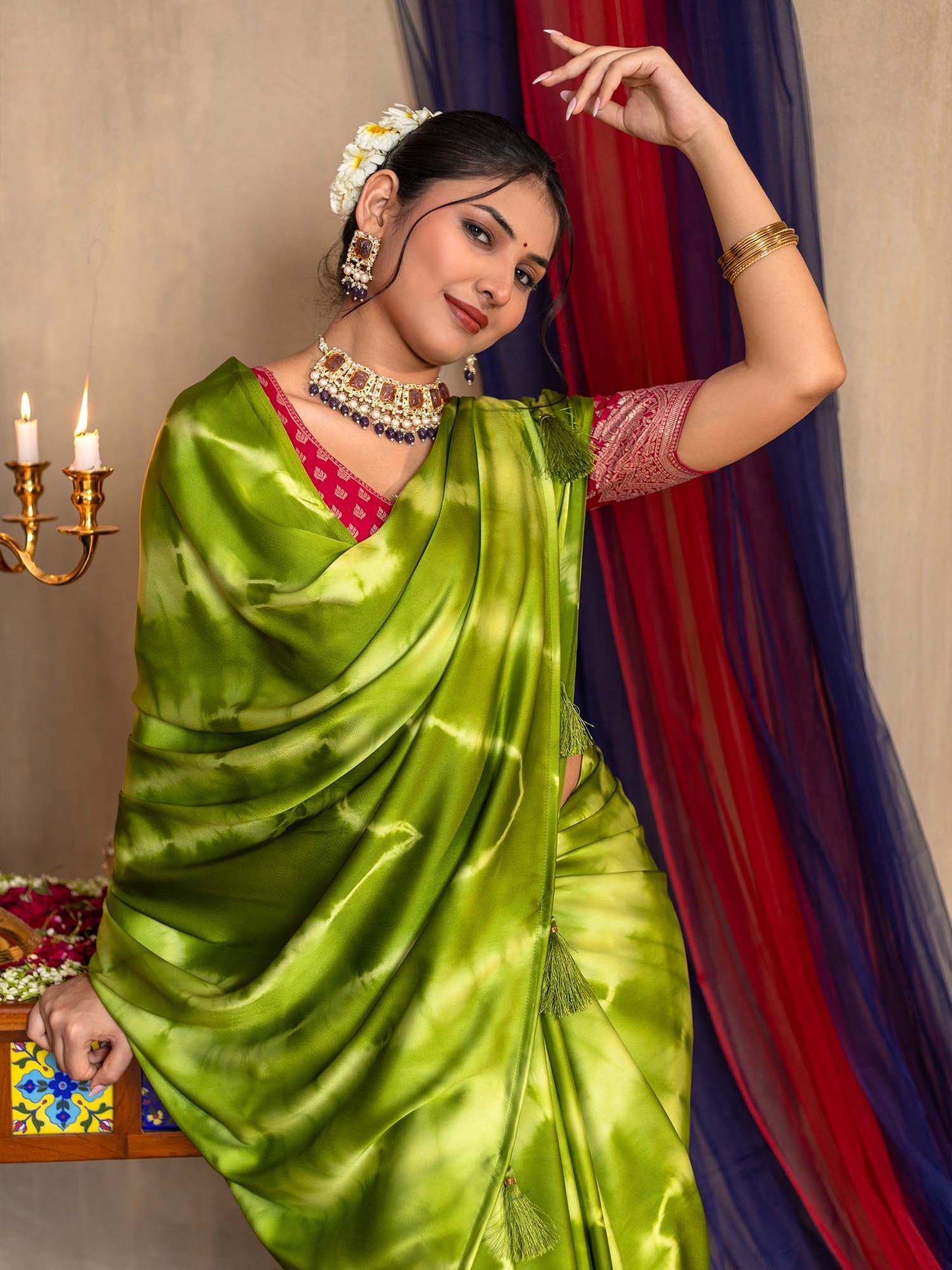 Women's Satin Silk Light Green Printed Designer Saree With Blouse Piece