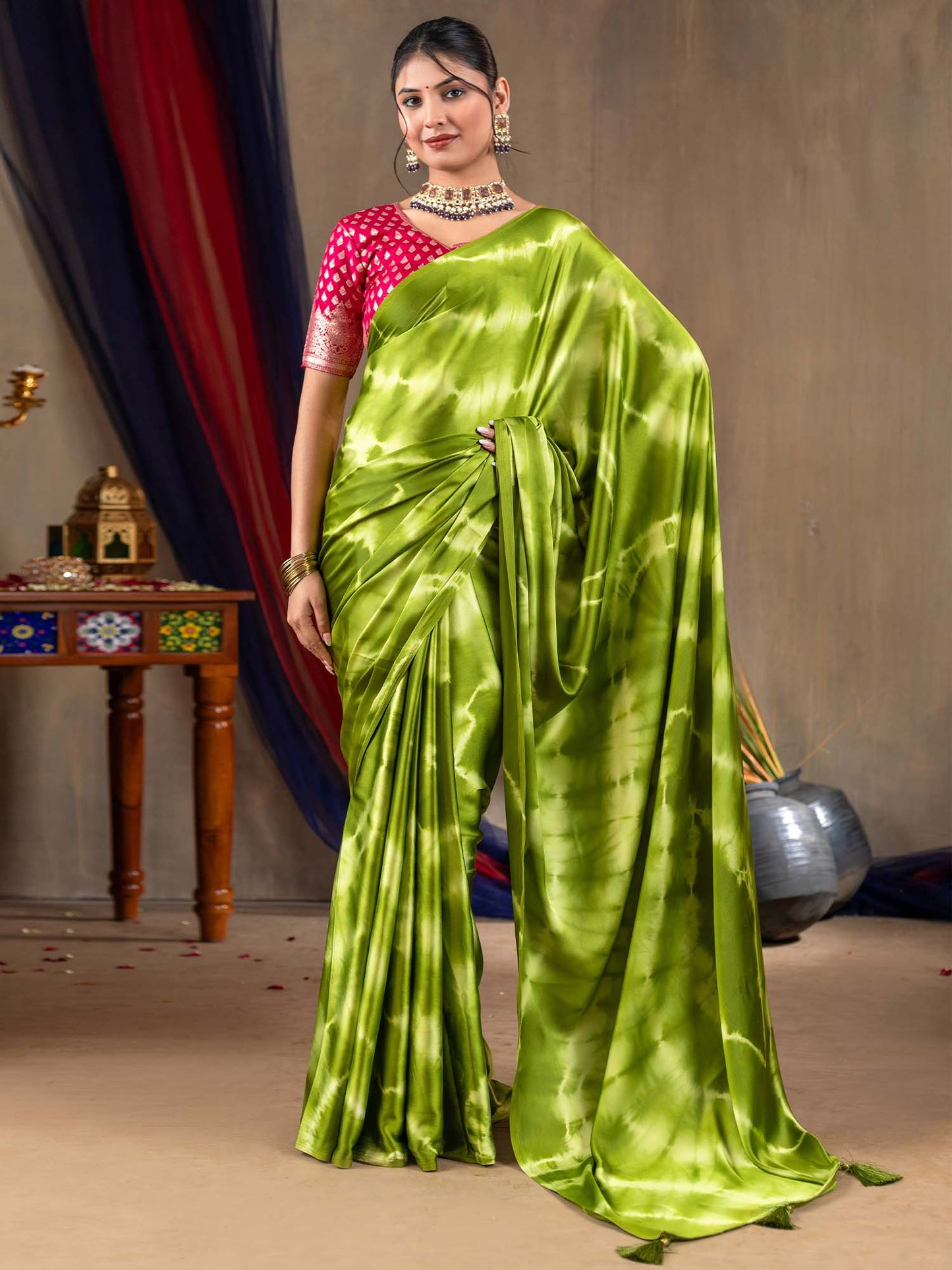 Women's Satin Silk Light Green Printed Designer Saree With Blouse Piece