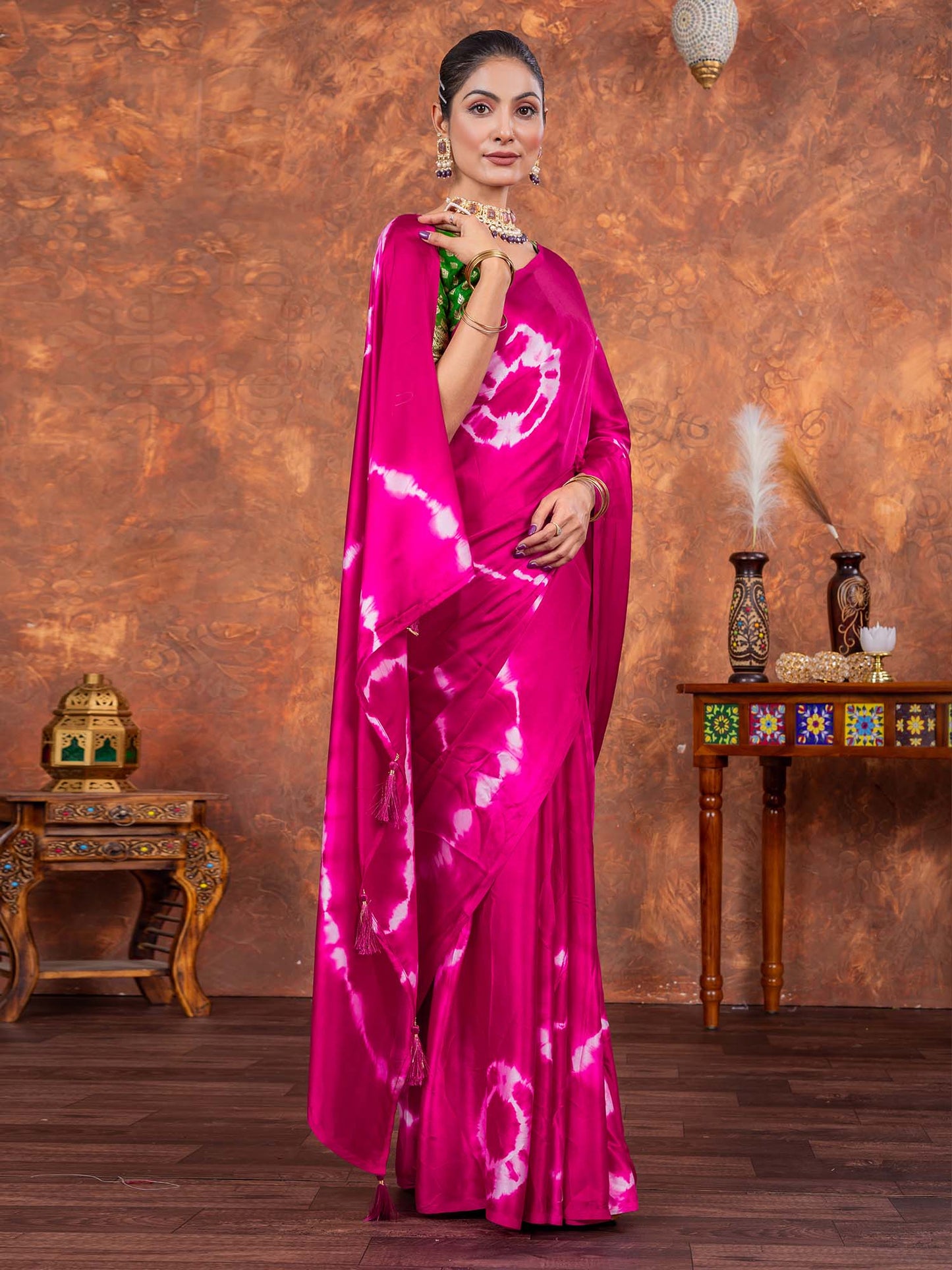 Women's Satin Silk Pink Printed Designer Saree With Blouse Piece