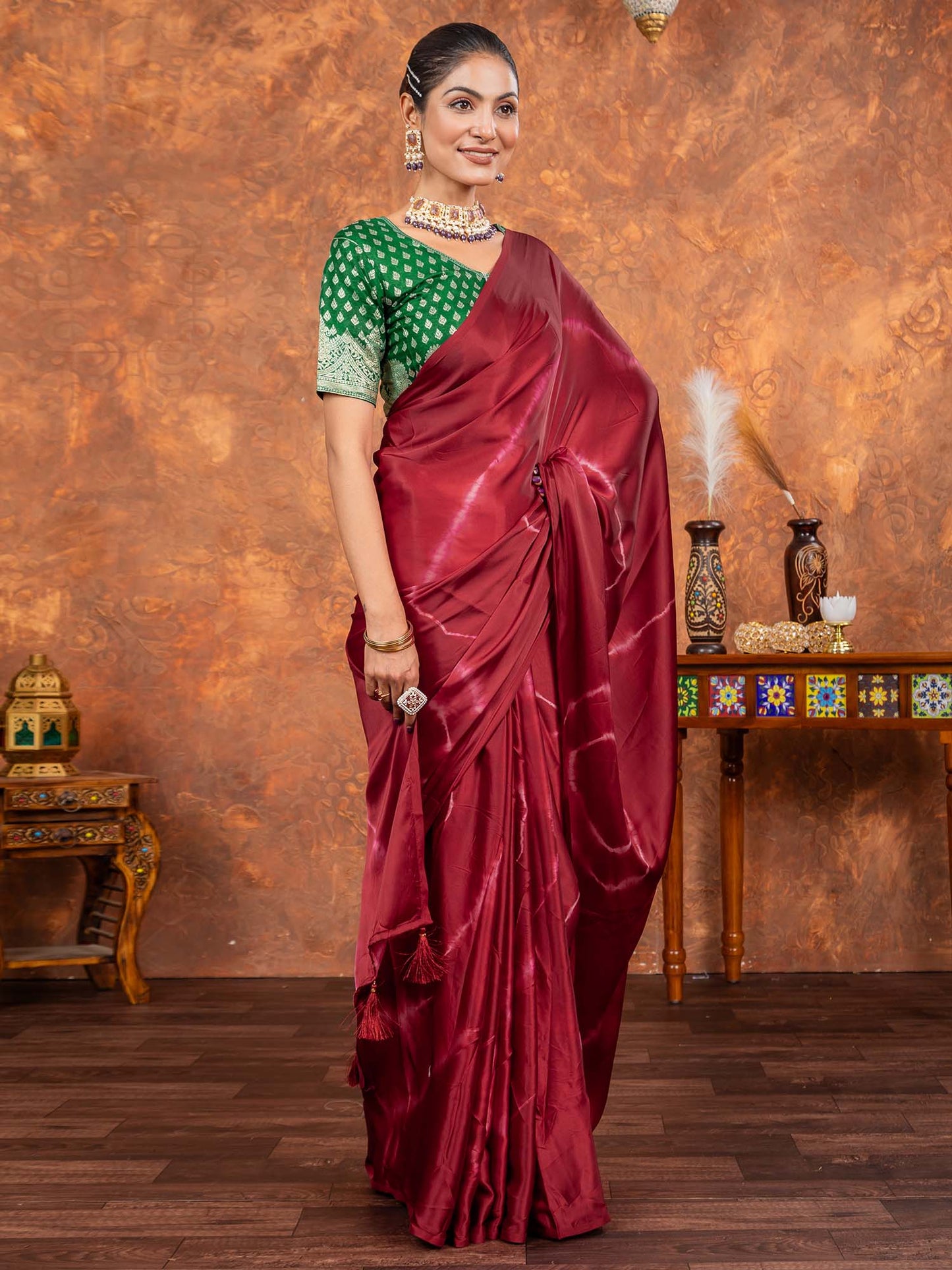 Women's Satin Silk Magenta Printed Designer Saree With Blouse Piece