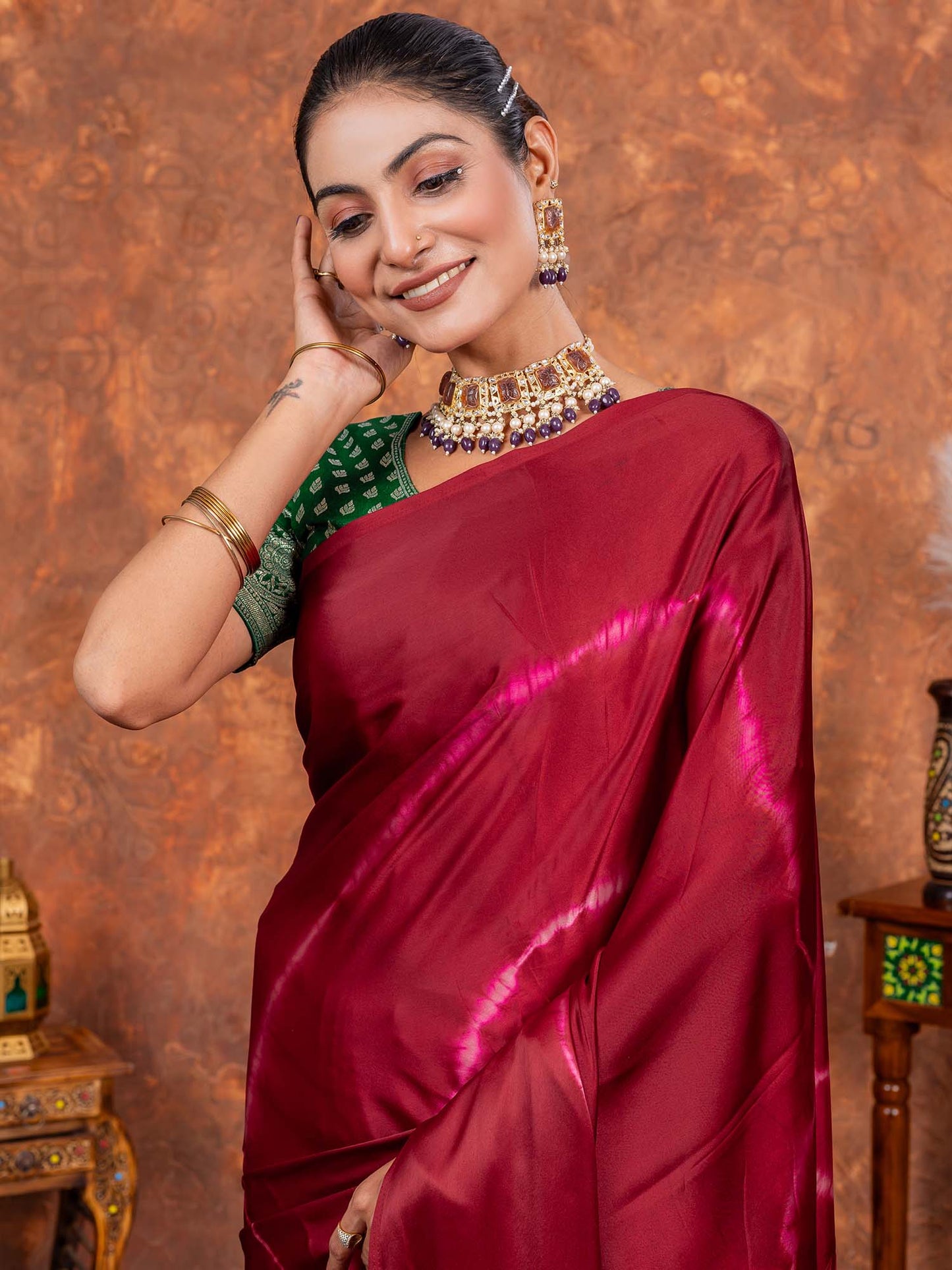 Women's Satin Silk Magenta Printed Designer Saree With Blouse Piece