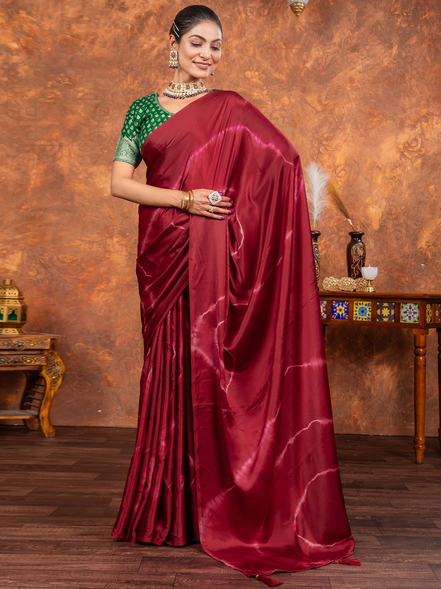 Women's Satin Silk Magenta Printed Designer Saree With Blouse Piece