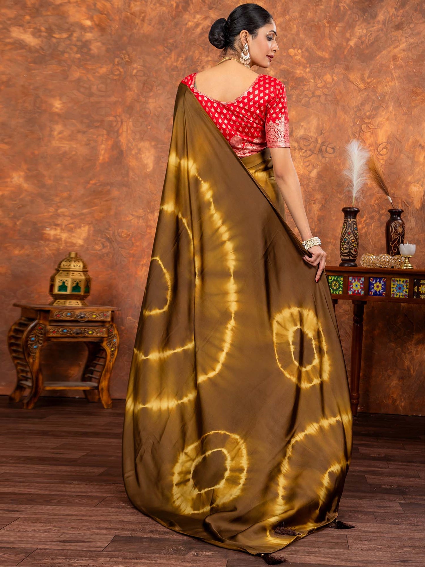 Women's Satin Silk Brown Printed Designer Saree With Blouse Piece
