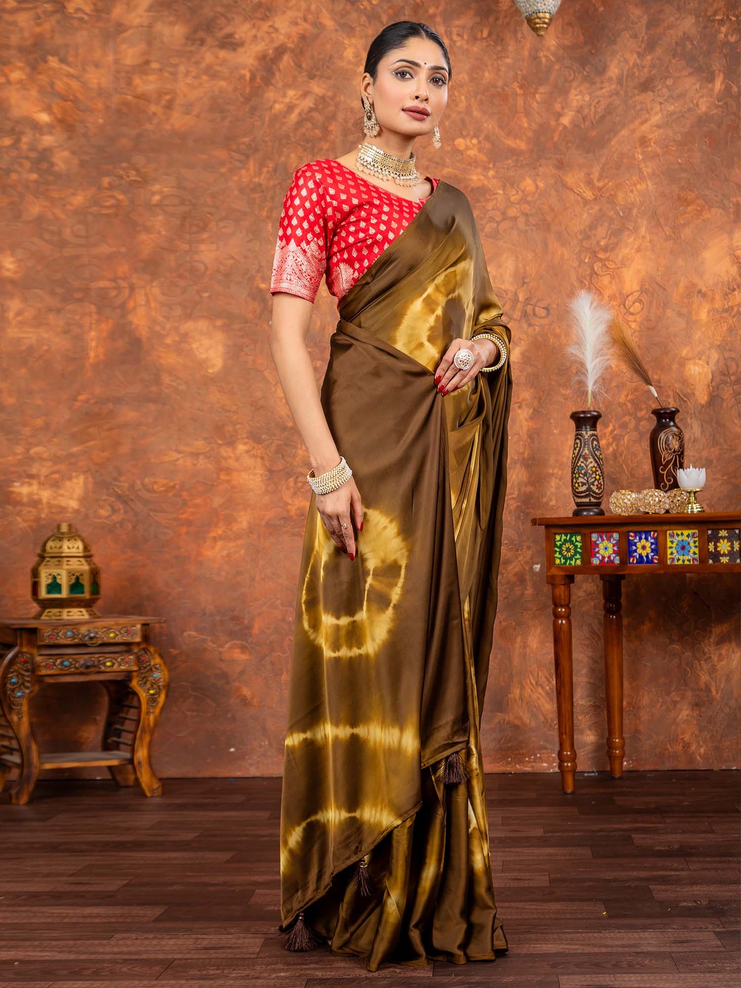 Women's Satin Silk Brown Printed Designer Saree With Blouse Piece