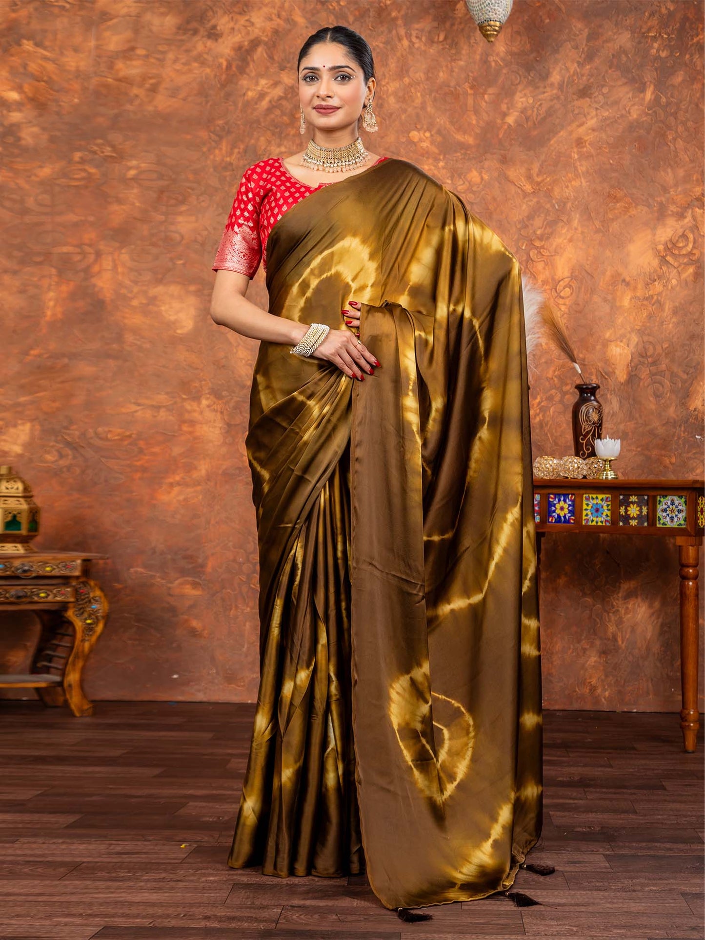Women's Satin Silk Brown Printed Designer Saree With Blouse Piece