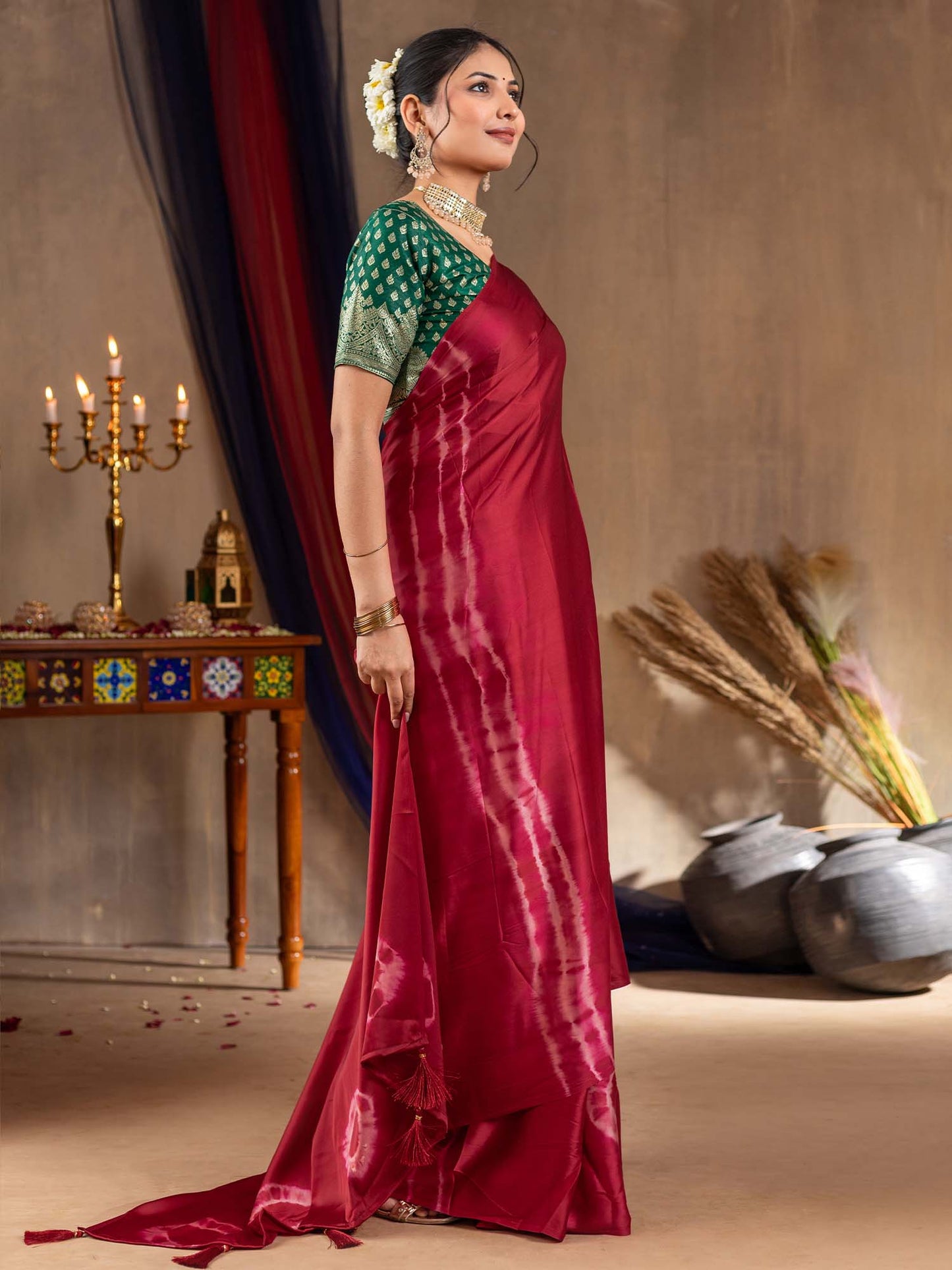 Women's Satin Silk Magenta Printed Designer Saree With Blouse Piece