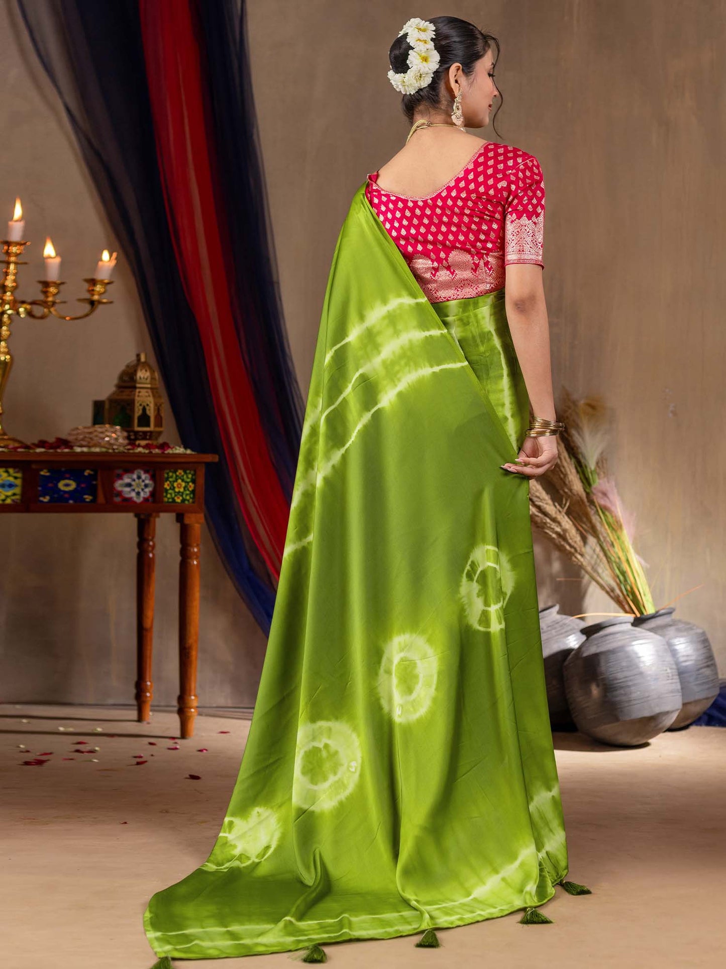 Women's Satin Silk Light Green Printed Designer Saree With Blouse Piece