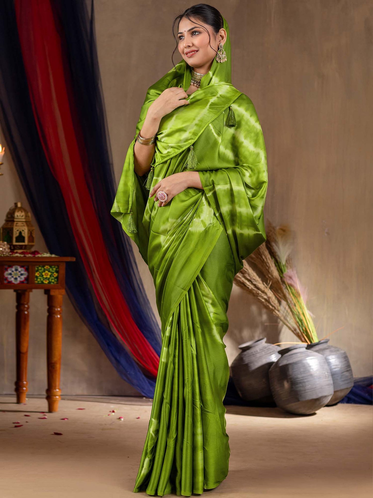 Women's Satin Silk Light Green Printed Designer Saree With Blouse Piece