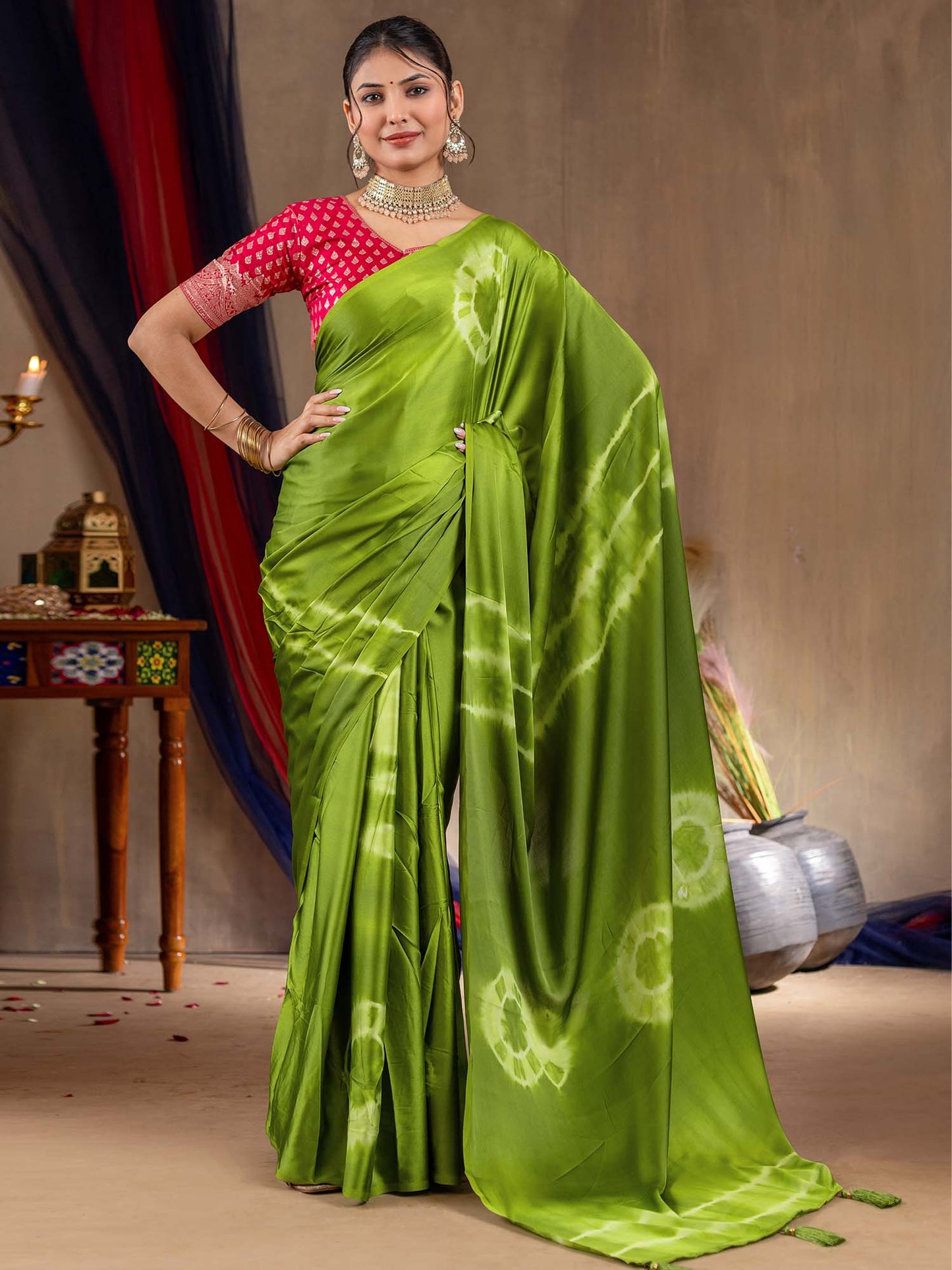 Women's Satin Silk Light Green Printed Designer Saree With Blouse Piece