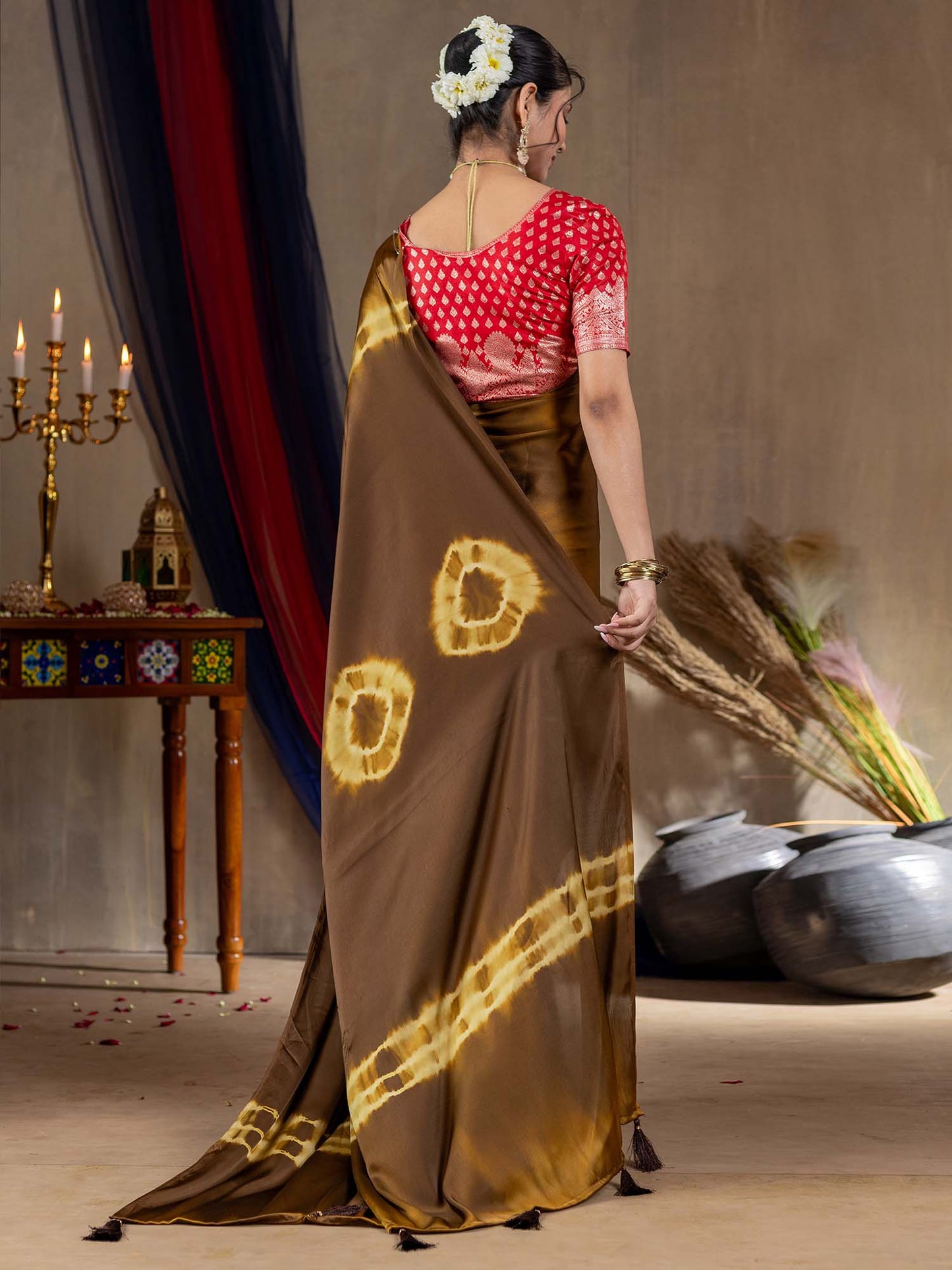 Women's Satin Silk Brown Printed Designer Saree With Blouse Piece