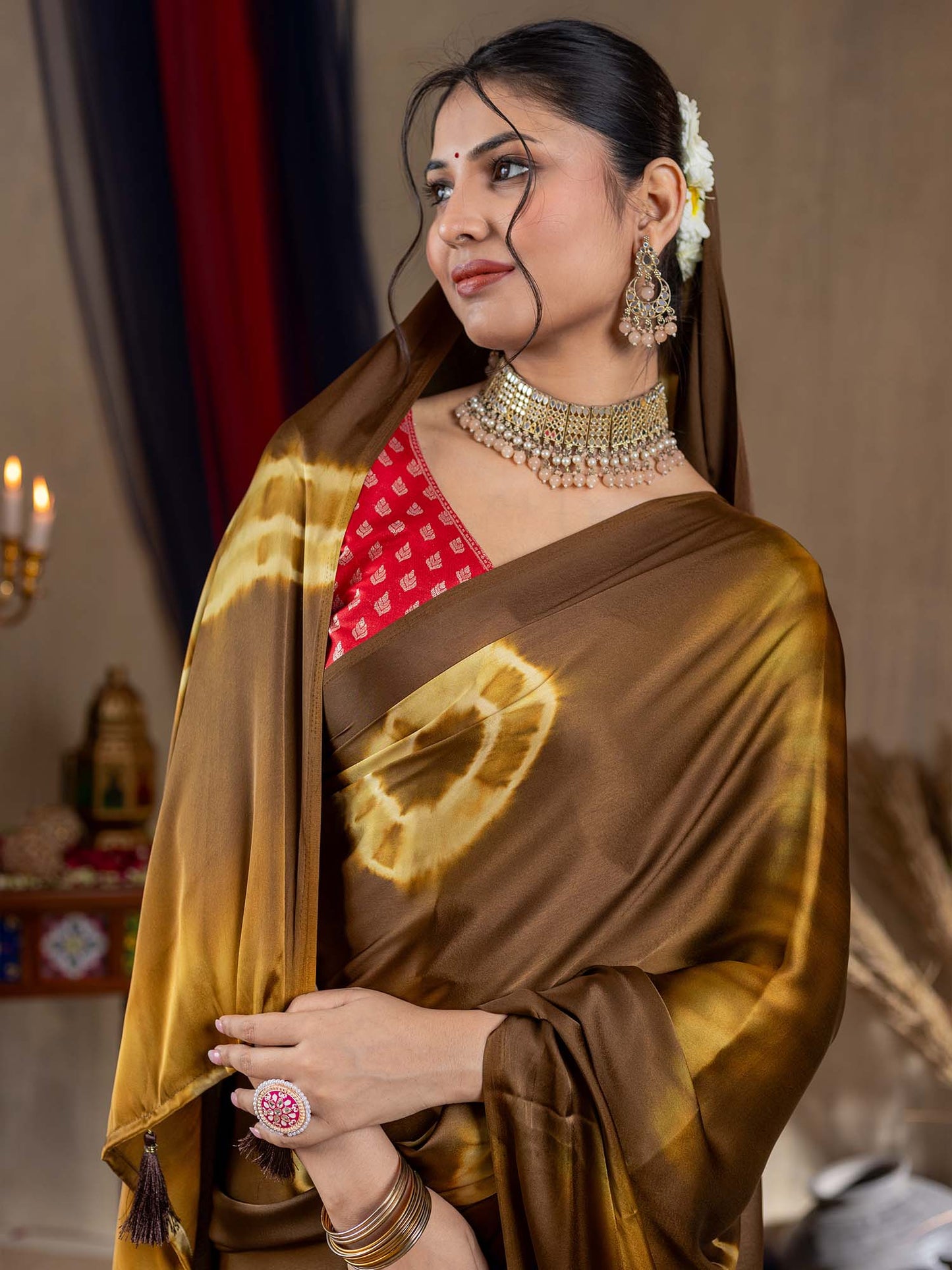 Women's Satin Silk Brown Printed Designer Saree With Blouse Piece