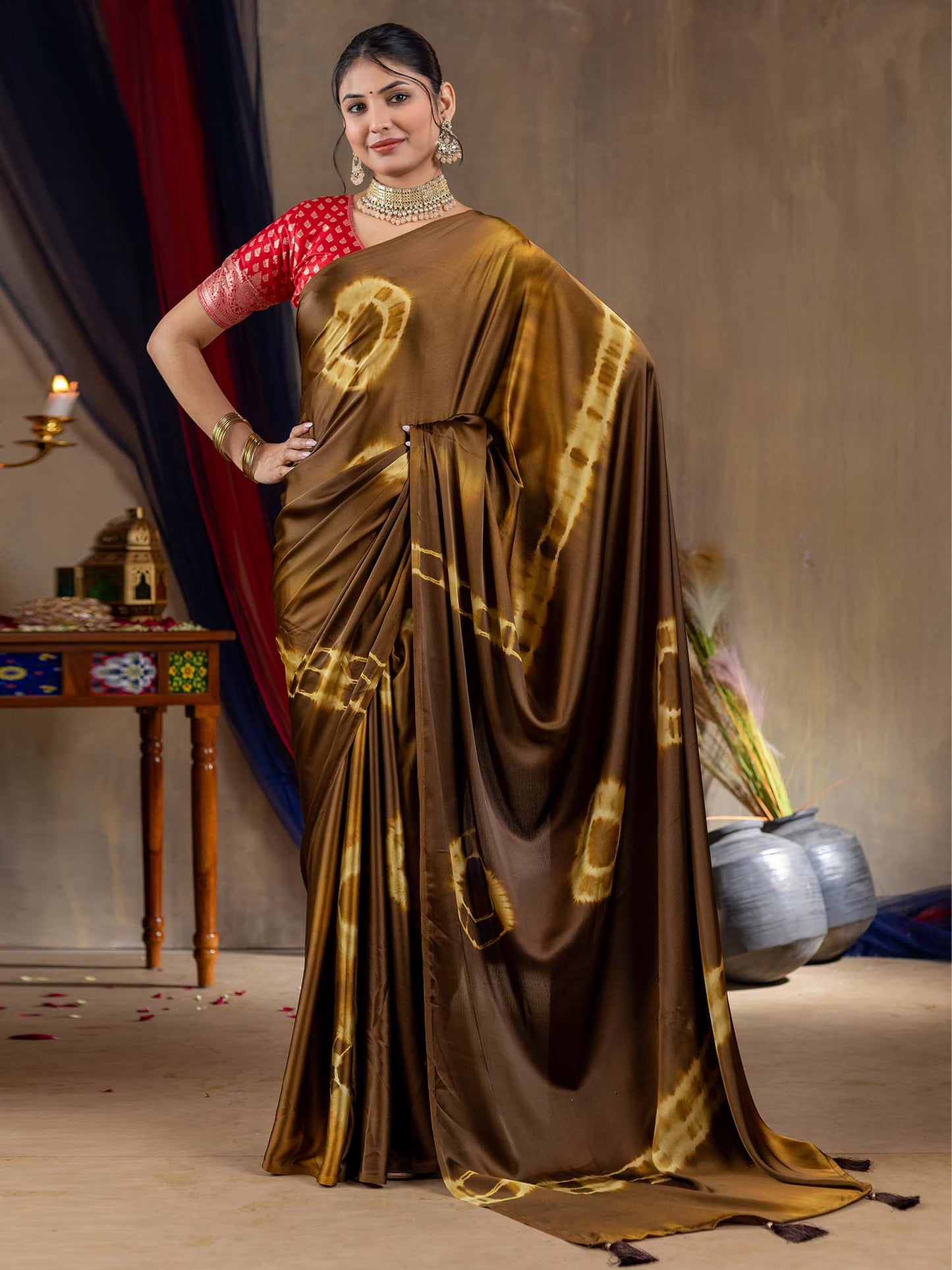 Women's Satin Silk Brown Printed Designer Saree With Blouse Piece