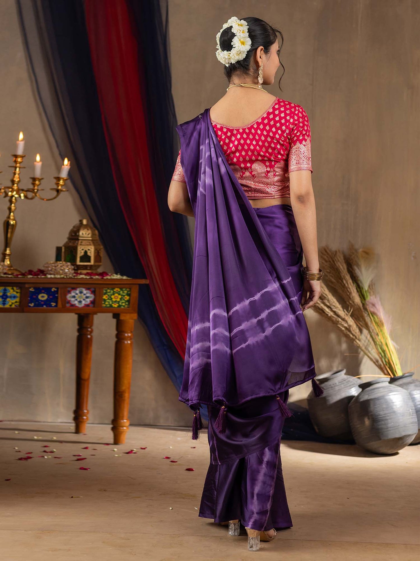 Women's Satin Silk Purple Printed Designer Saree With Blouse Piece