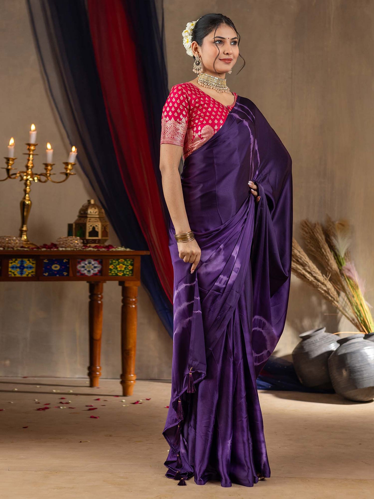 Women's Satin Silk Purple Printed Designer Saree With Blouse Piece