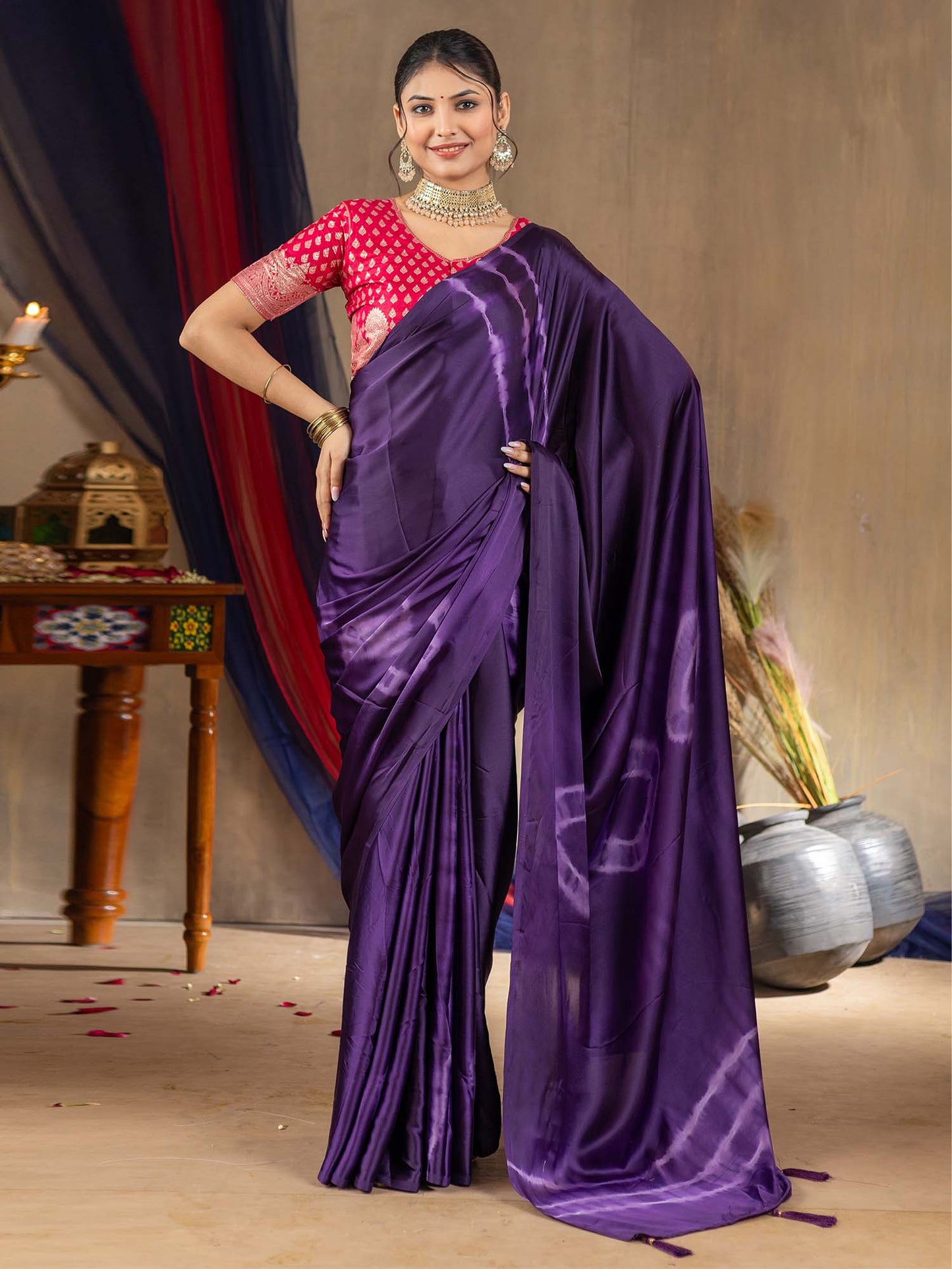 Women's Satin Silk Purple Printed Designer Saree With Blouse Piece